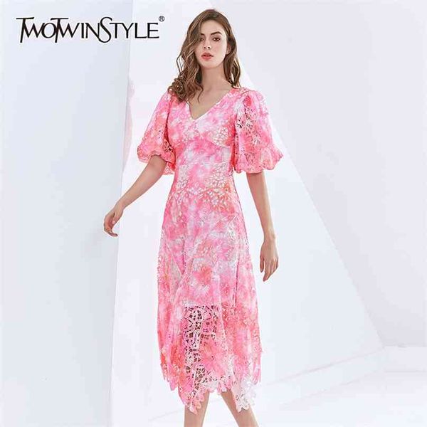 

elegant pink dress for women v neck puff sleeve high waist irregular hem hollow out dresses female fashion 210520, Black;gray