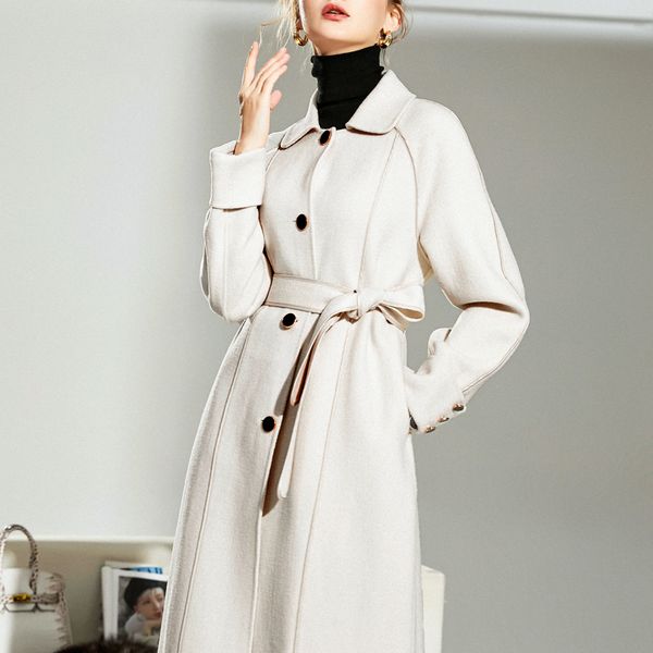 

women's double cashmere wool coat turn down collar lace up belt ruffles fashion winter long overcoat outerwear, Black