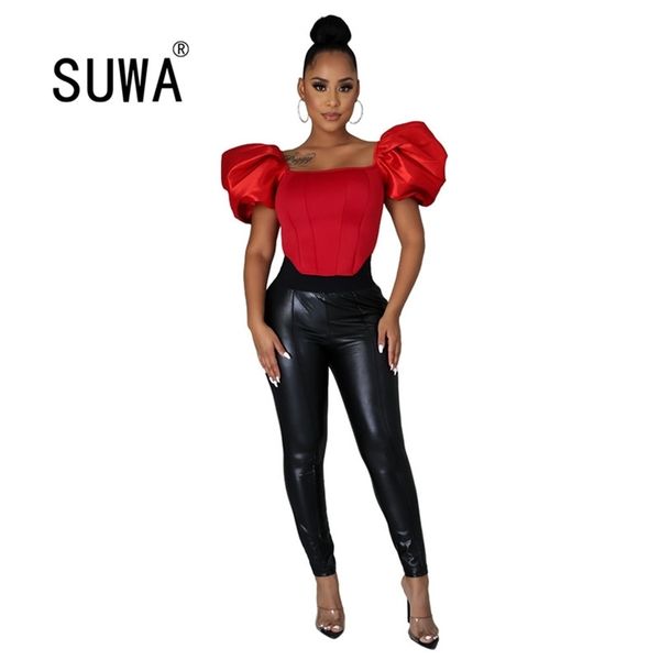 Todos Branco / Vermelho Moda Slim Fit Crop Tops Sexy Collar Quadrado Buff Manga BANDAGE T-shirt Doce na moda Partido Tees K-POP 210525