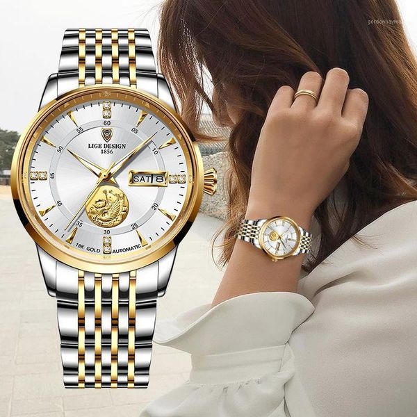

relogio feminino automatic women watches ladies watch auto date mechanical female dress bracelet wristwatches, Slivery;brown