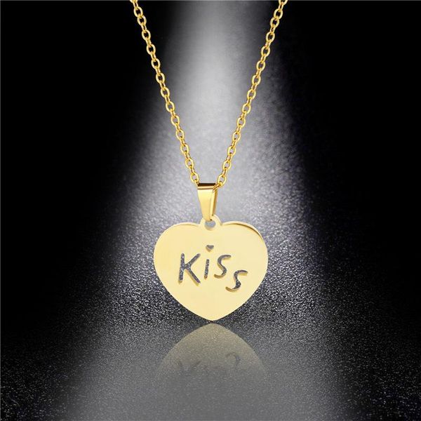 

stainless steel small kiss letter word in love heart pendant gold chain necklaces for women lovers bridal wedding gift jewelry, Silver