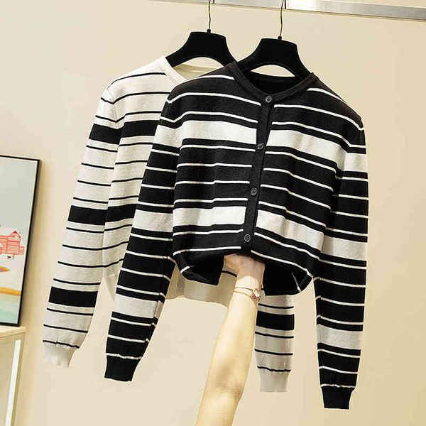 

jxmyy early autumn fashion new black and white striped knitted women's long-sleeved sweater cardigan jacket short 210412, White;black
