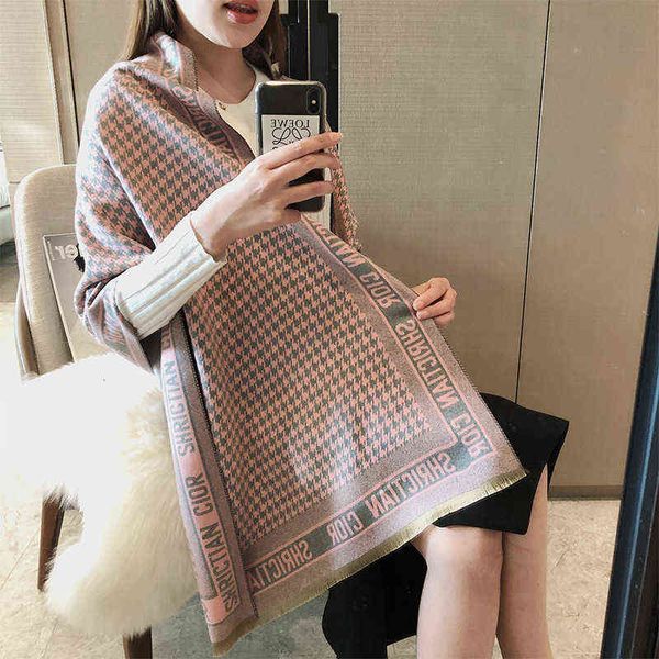 

scarves korean cashmere scarf women's versatile british style thousand bird girdle long shawl with double sid for warmth, Blue;gray