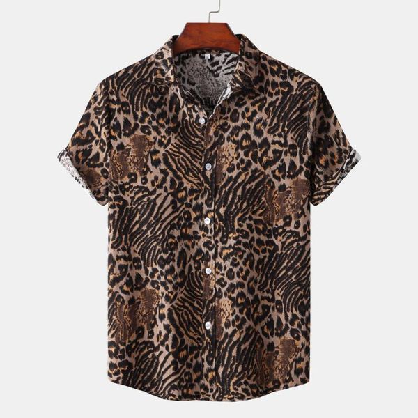 

men's casual shirts streetwear leopard print short sleeve beach hawaiian for men party shirt blouse chemise homme clothing, White;black