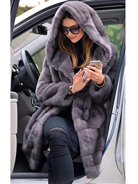 

women's fur & faux winter artificial economy mink coat with a hood luxury fake coats woman 90cm plus size women clothing, Black