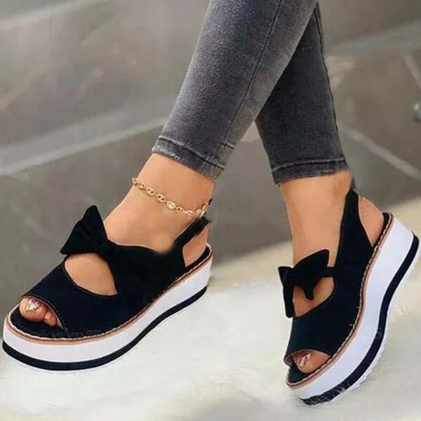

sandals women 2021 summer platform bowknot fashion fish mouth wedge shoes buckle strap thick bottom flip flops, Black