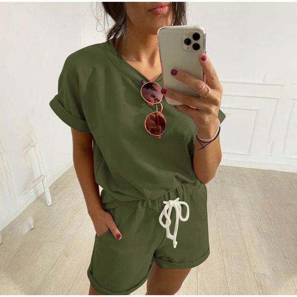 

2021 european and american casual two pieces ladies wear casual fashion solid cotton short-sleeved pants suit women, Black;white