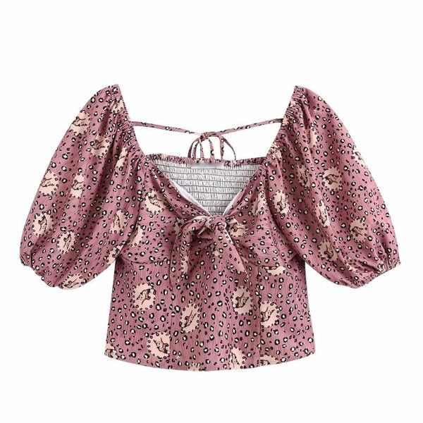 

women's blouses & shirts 2021 women sweet bow decoration leopard print short blouse female puff sleeve back elastic chic brand blusas, White