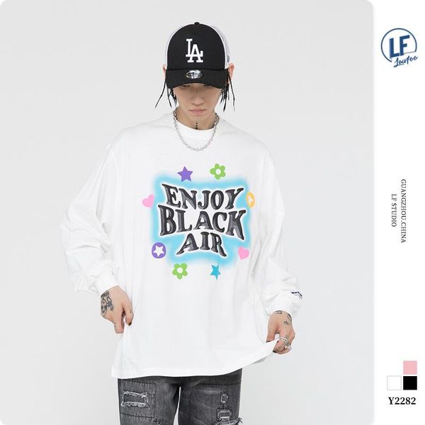 

men's t-shirts cartoon printed letters loose long-sleeved t-shirt, White;black