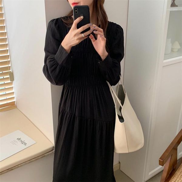 

casual dresses hzirip 2021 autumn women maxi dress folds solid pleated slim elegant all-match vintage sweet gentle female office lady, Black;gray