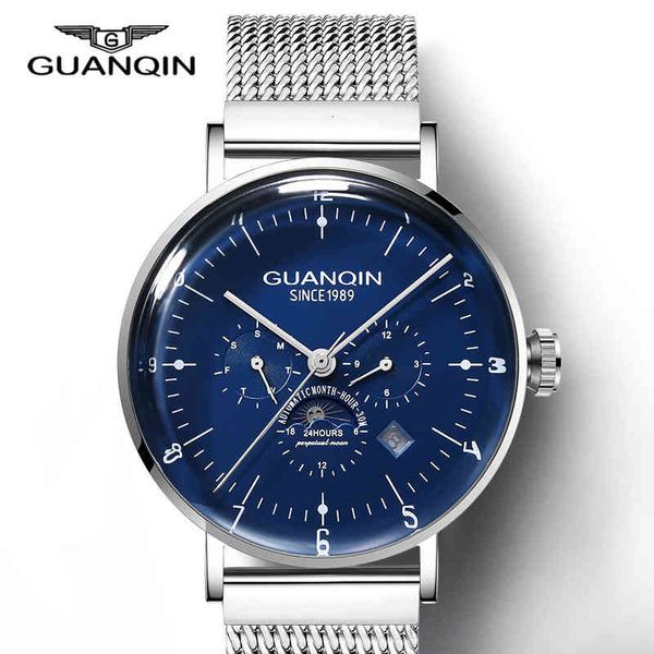 

guanqin luxe blue male mechanical clock automatic self wind calendar moon phase steel band man's, Slivery;brown