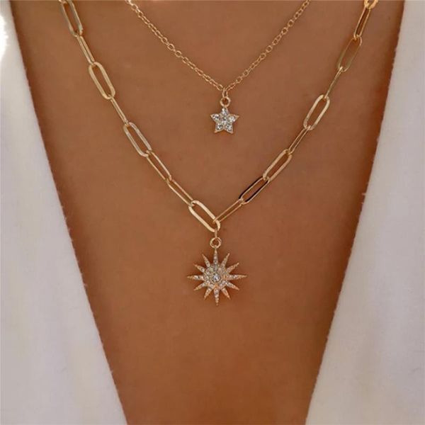

chokers luokey layered star sun pendant necklace for women elegant simple rhinestone wedding jewelry gifts, Golden;silver