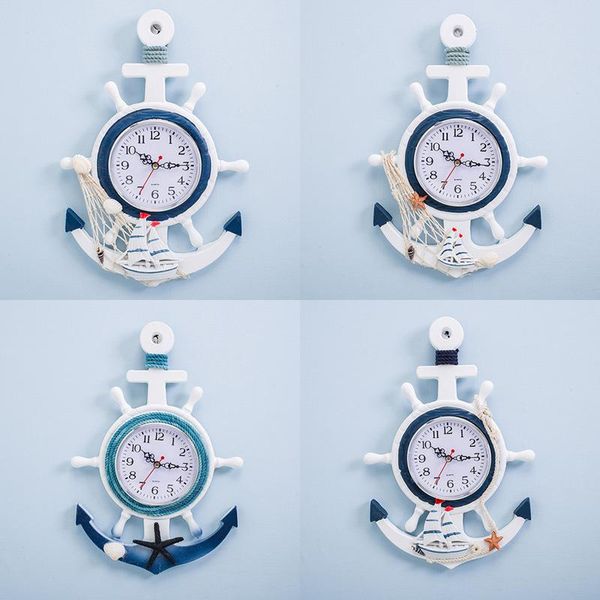 

wall clocks mediterranean style wooden blue white clock rudder helmsman anchor electronic watch nautical office home decoration