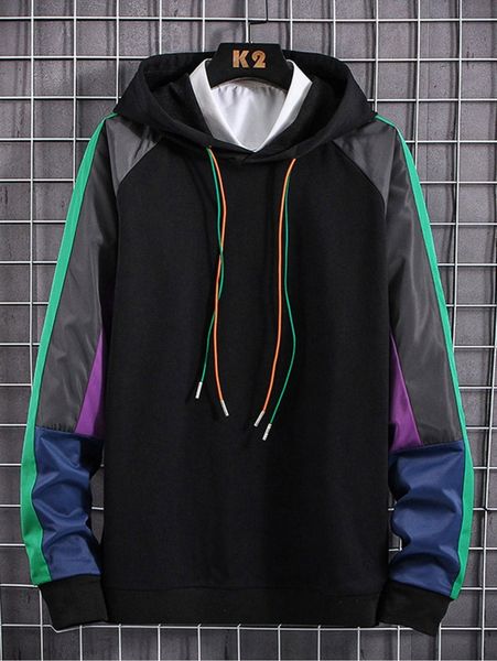 

men contrast raglan sleeve hoodie without necklace shirt e4h7#, Black