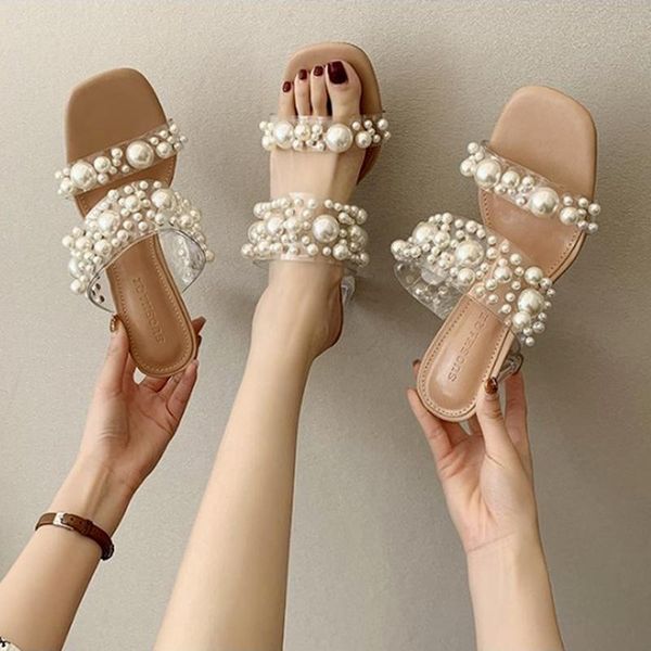 

slippers crystal thick heel sandals women 2021 spring summer pearl word belt high fashion open toe casual women's shoes, Black