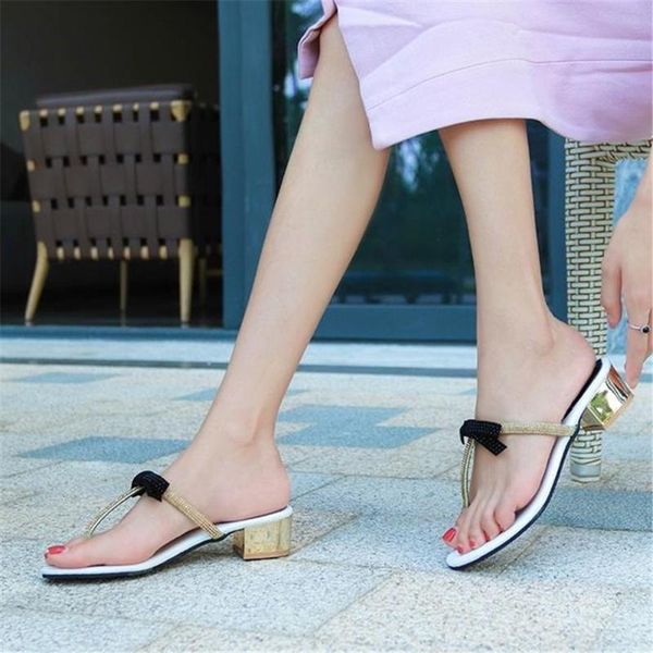 

slippers female summer fashion wear with korean bow rhinestones thick toe sandals net red beach holiday, Black
