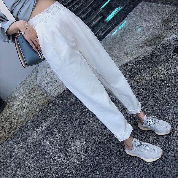 

women's pants & capris 2021 arrival summer women all-matched ankle-length casual loose button waist cotton linen harem v33, Black;white