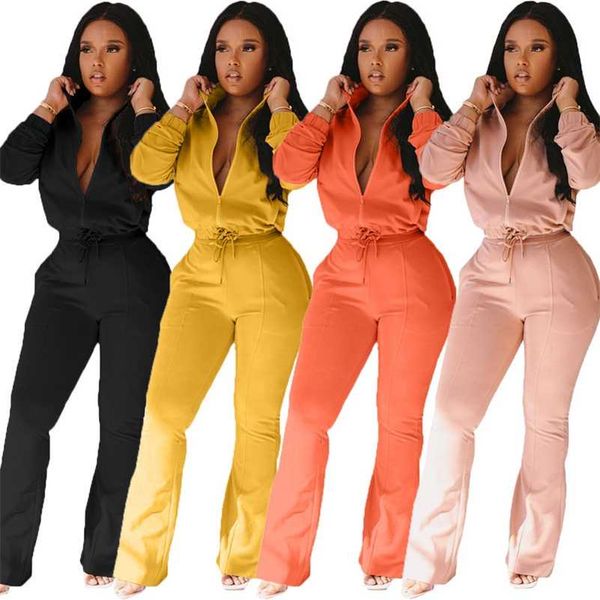 

women two piece set zipper up jacket flare trousers sport outfits overalls joggers matching wholesale dropshpping sale 211023, Black