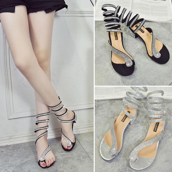 

fashionable ankle bracelet snake-shaped sandals student rhinestone toe clip thick and versatile gladiator shoes, Black