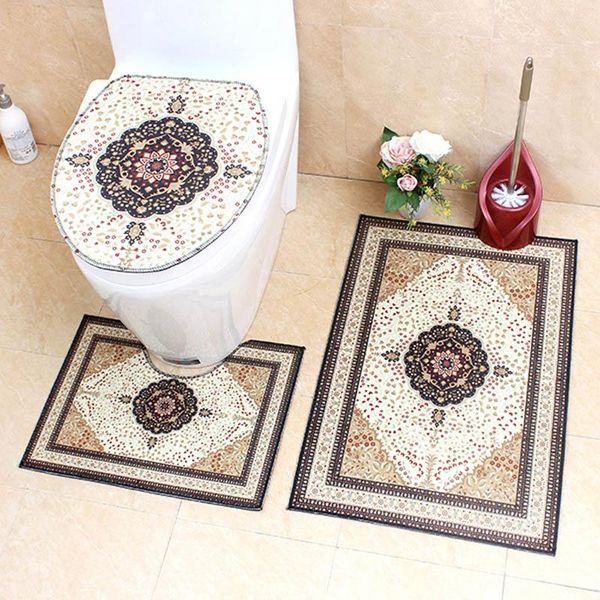 

bath mats 3pcs/set european-style anti-slip toilet rug pedestal carpet bathroom lid absorbent set cover
