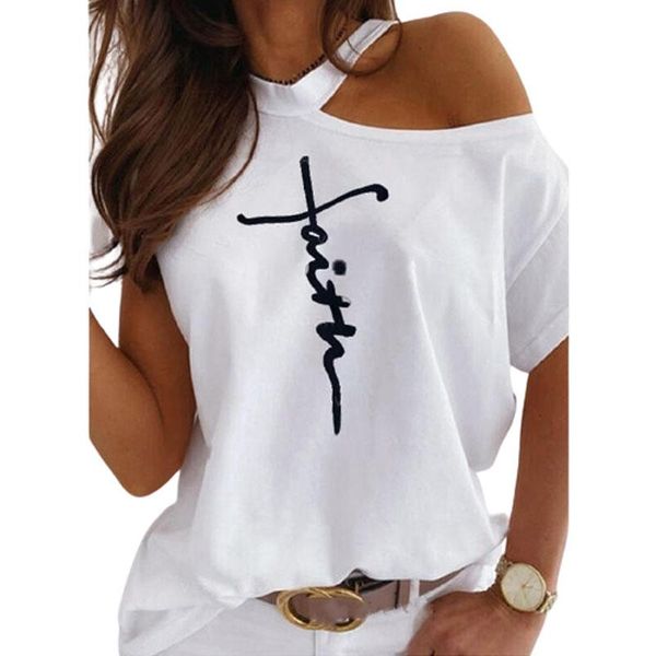 

women's t-shirt summer off shoulder fashion letter printed o neck short sleeve funny t shirt loose casual cotton pullovers, White