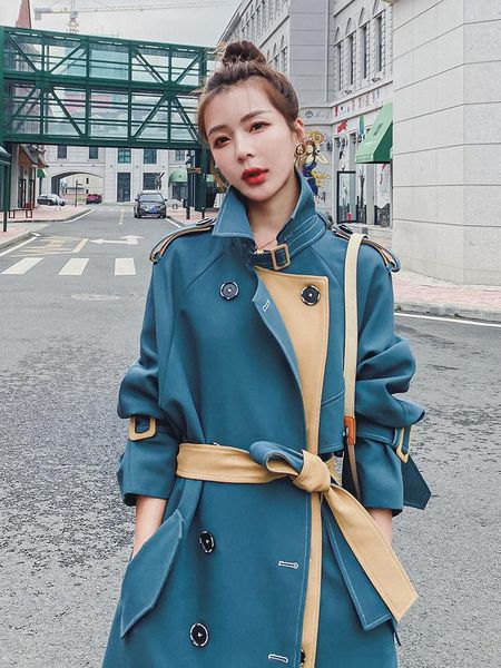 

women's trench coats 2021 spring and autumn long women coat double breasted blue loose chic hit color ladies outwear female windbreaker, Tan;black