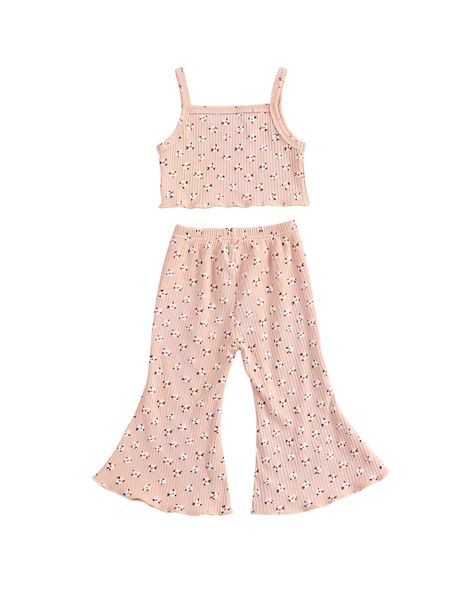 18M-6Y Flower Toddler Kid Baby Girl Clothes Set Top senza maniche Flare Pants Summer Child Outfits Beach Holiday Costumes 210515