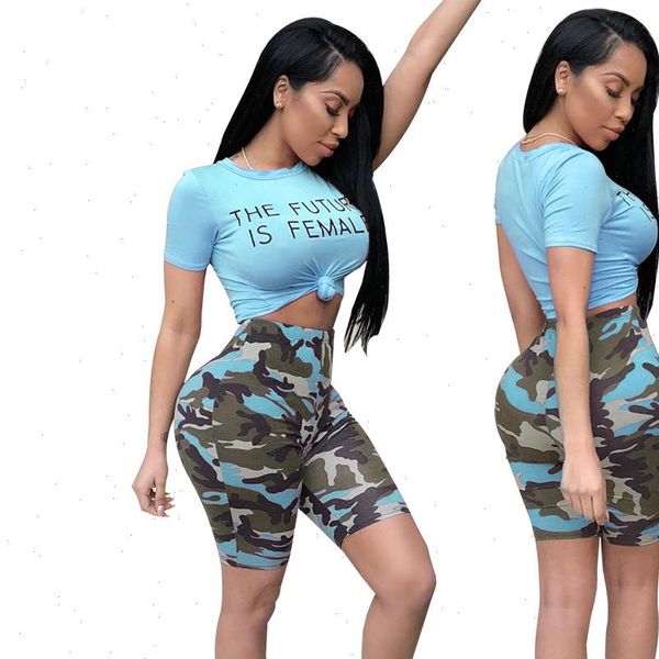 

zomer vrouwen pak europese women tracksuits en amerikaanse stijl model casual mode camouflage print shorts twee delige set, Gray