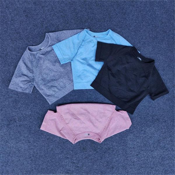 

woman short sleeve solid color yoga shirts seamless women fitness crop workout gym clothes sportswear athletic t-shirts outfit