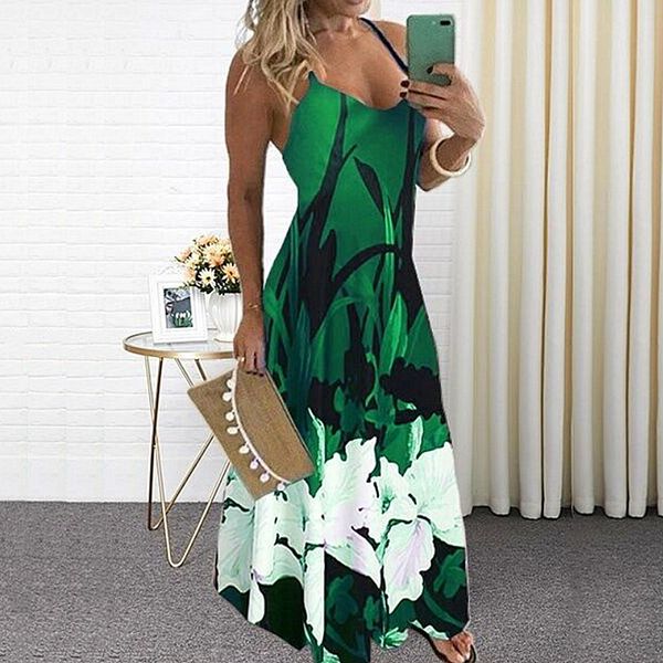 

elegant women bohemia narcissus print long dress 2021 summer v-neck sleeveless backless maxi dresses ladies plus size dress, Black