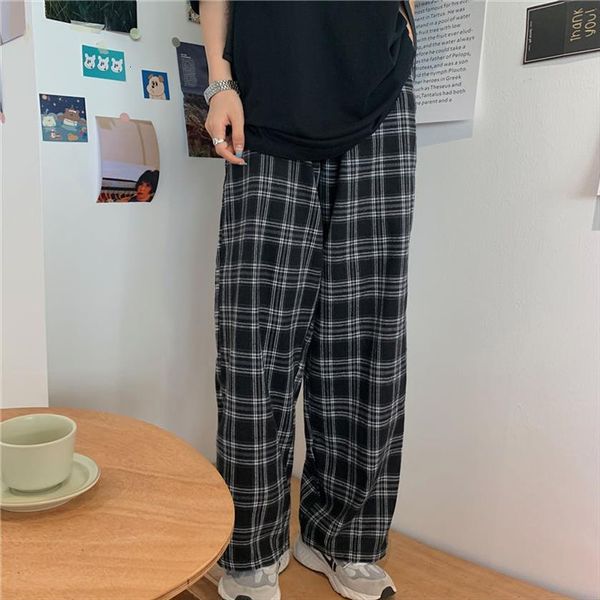 

trousers elastics high waist womens pant korean straight sweatpants jogger size vintage plaid patchwork harajuku woman man, Black;white