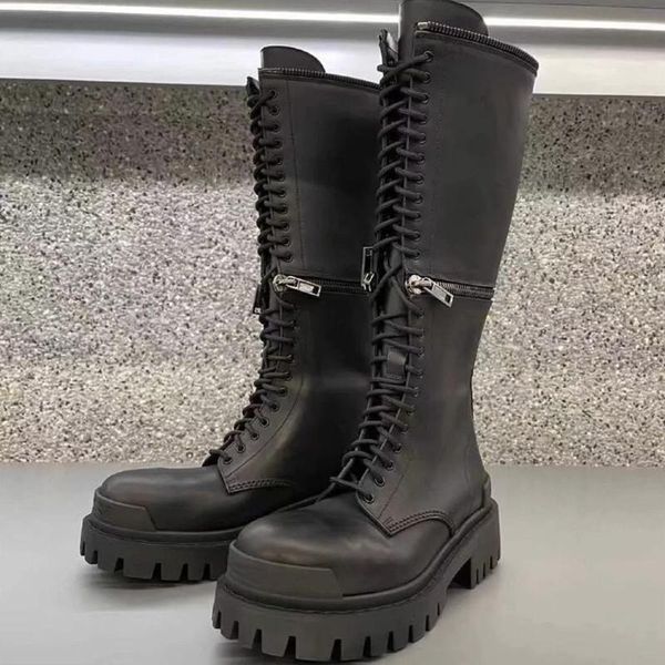 

boots women shoes winter round toe mid heels lace up genuine leather solid colors zipper calf platform zapatos de mujer, Black