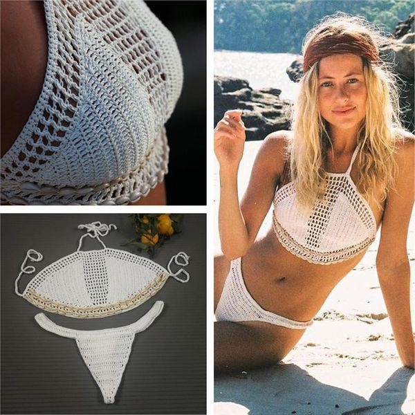 

women's swimwear vintage handmade cowrie crochet bikini bralette bra boho shell white, White;black
