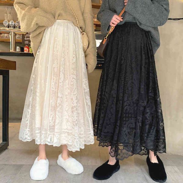 

skirts spring elegant vintage floral lace a-line maxi long pleated skirts, Black