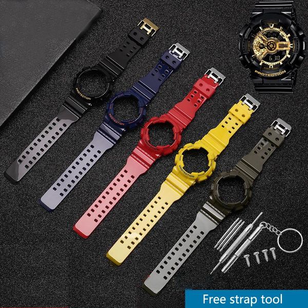

watch bands camo resin strap case men's pin buckle accessories for ga-110 ga-100 gd-120 5146 5081 waterproof rubber, Black;brown