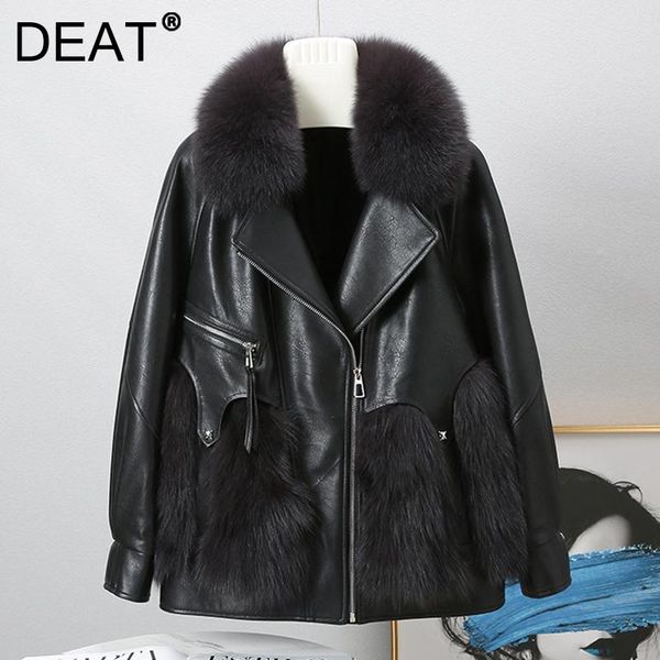 

women's fur & faux deat pu patchwork high qualit real jacket lapel long sleeve sheath women coat fashion winter 2021 19d4639, Black