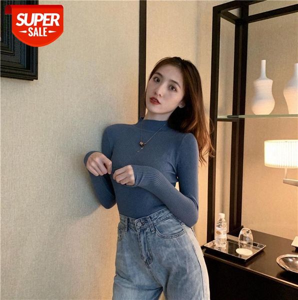 

retro half turtleneck sweater bottom shirt long sleeve core spun yarn pullover slim #ej8l, Black;gray