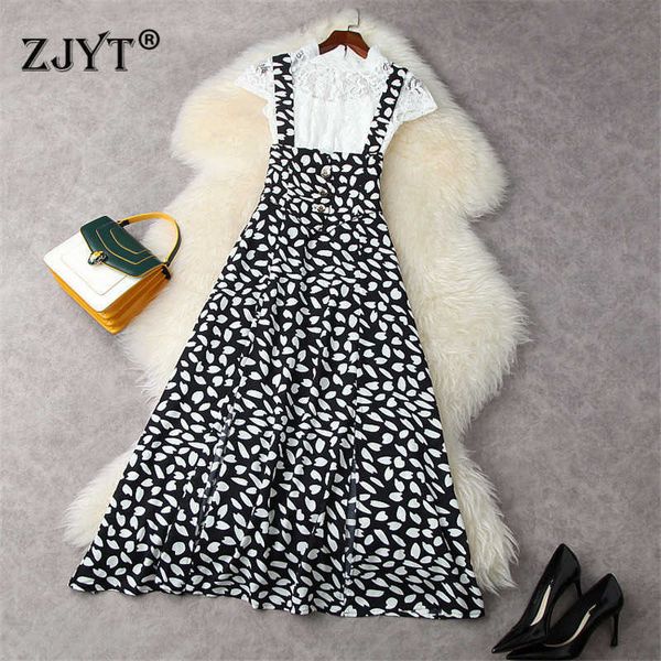 

fashion summer streetwear women designers short sleeve white lace shirt and print strap long dress suit 2 piece sets 210601, Black;gray
