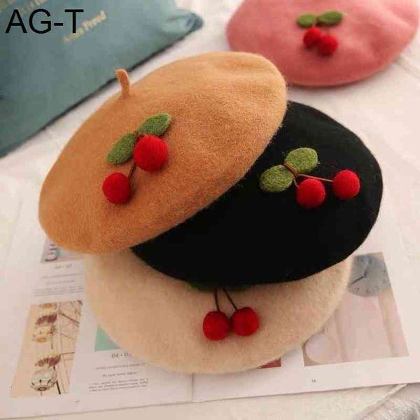 

women's wool french beret cozy cute hat girl beanie artist cap dome solid color decorate with cherry design new 2021, Blue;gray