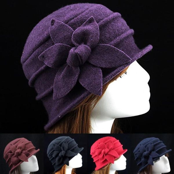 

stingy brim hats flower decor felt hat solid color wool blend thick warm women winter fashion accessories, Blue;gray