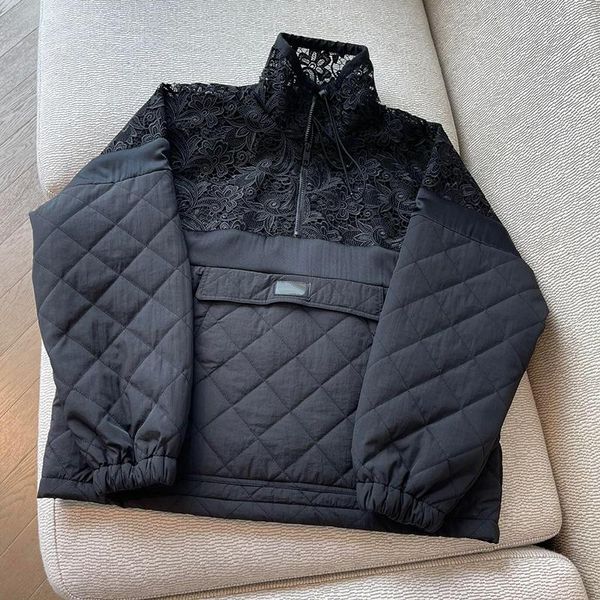 

women's jackets 2021 autumn embroidery lace patchwork quilted jacket women fashion black zip-collar pullover casual padded top, Black;brown
