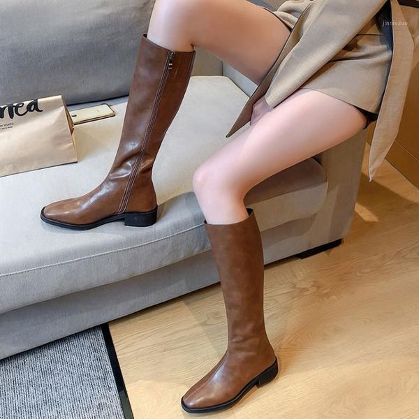 

boots mljuese 2021women knee-high leather brown color winter short plush zippers square toe long high size 401, Black
