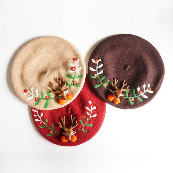 

berets women hat handmade cartoon deer embroidery felt beret creative retro artist painter birthday gift wool autumn winter hats, Blue;gray