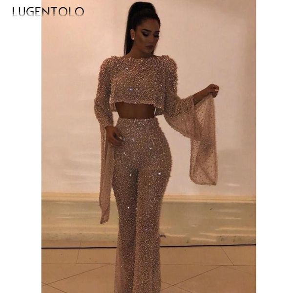 

lugentolo jumpsuit women sequins round neck bat sleeve fake two-piece suit solid straight 2021 summer fashion jumpsuits women's & rompe, Black;white