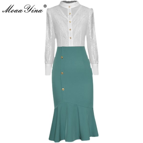 

fashion designer dress spring women's dress stand collar lace patchwork chiffon mermaid dresses 210524, Black;gray