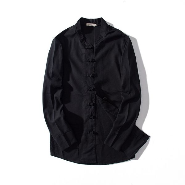 

men's t-shirts autumn and winter chinese style casual stand collar linen shirts solid black shirt male trend chemise camisa bbib, White;black