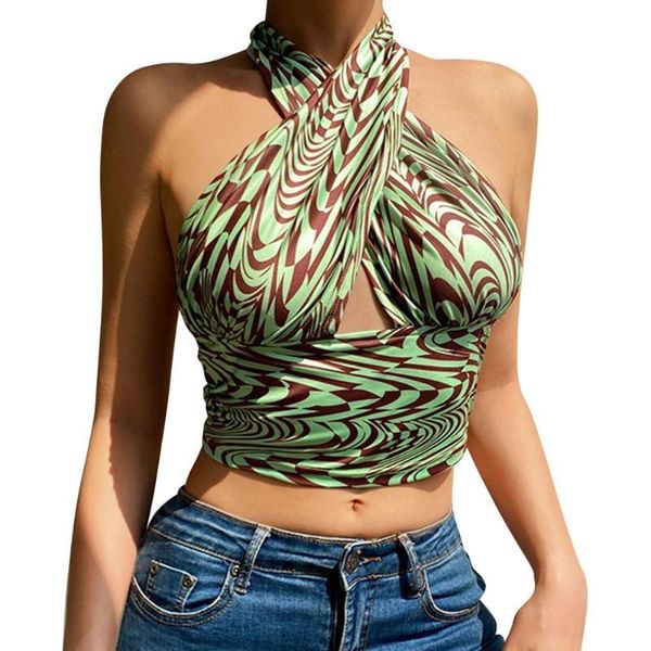 

women's tanks & camis cross halter hollow contrast color temperament vest irregular print fashion tight-fitting for shopping, White