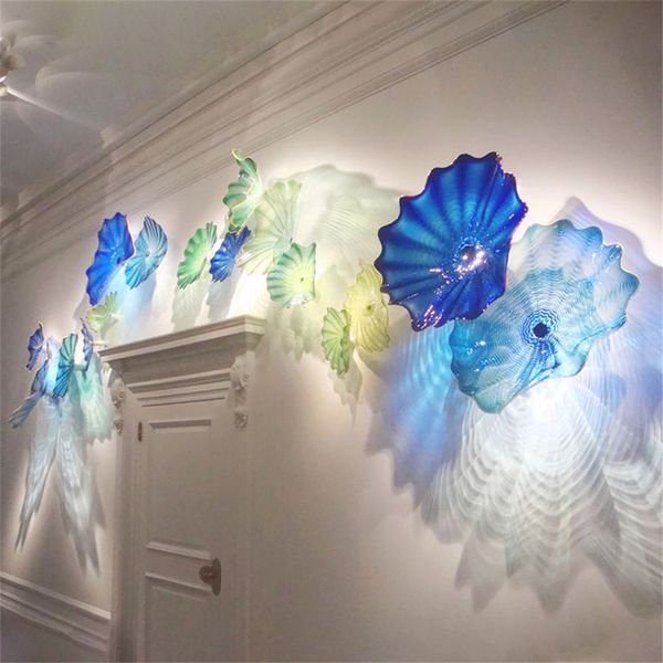 Blumenteller aus Muranoglas, nordische Wandhalterung, Lampe, Mittelmeerblau, mundgeblasene Lichter, Kunst, dekorative hängende Platten