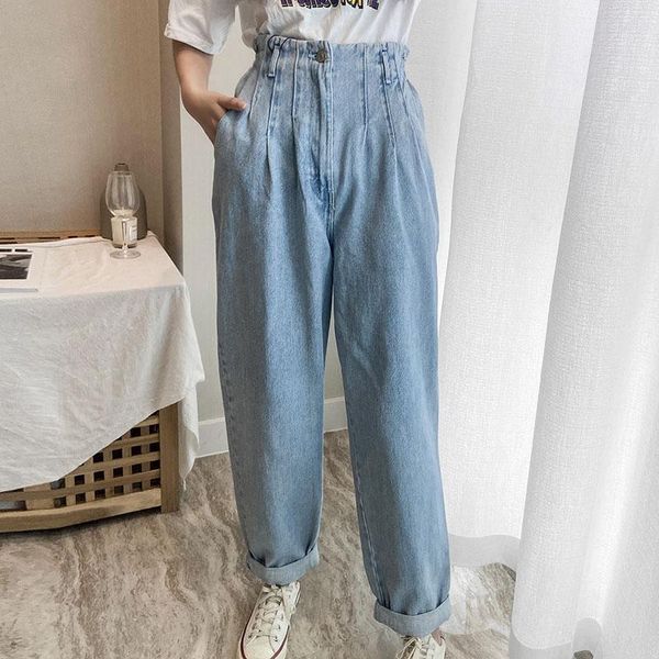 

women's jeans women pleated loose casual cowboy lady back elastic waist long trousers light blue color paperbag pants
