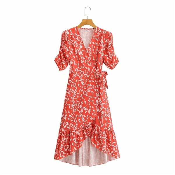 

casual woman red irregular sashes print dress summer fashion ladies puff sleeve long es female v neck beach 210515, Black;gray
